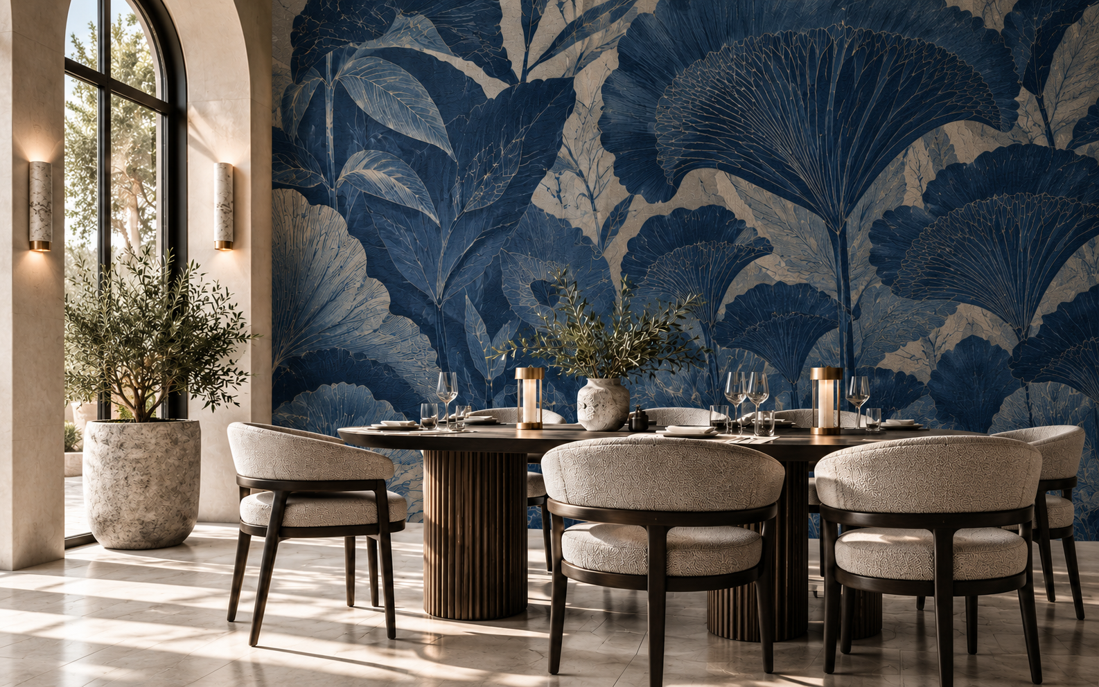 Luxury dining interior featuring a deep blue bespoke botanical Muraspec wallcovering
